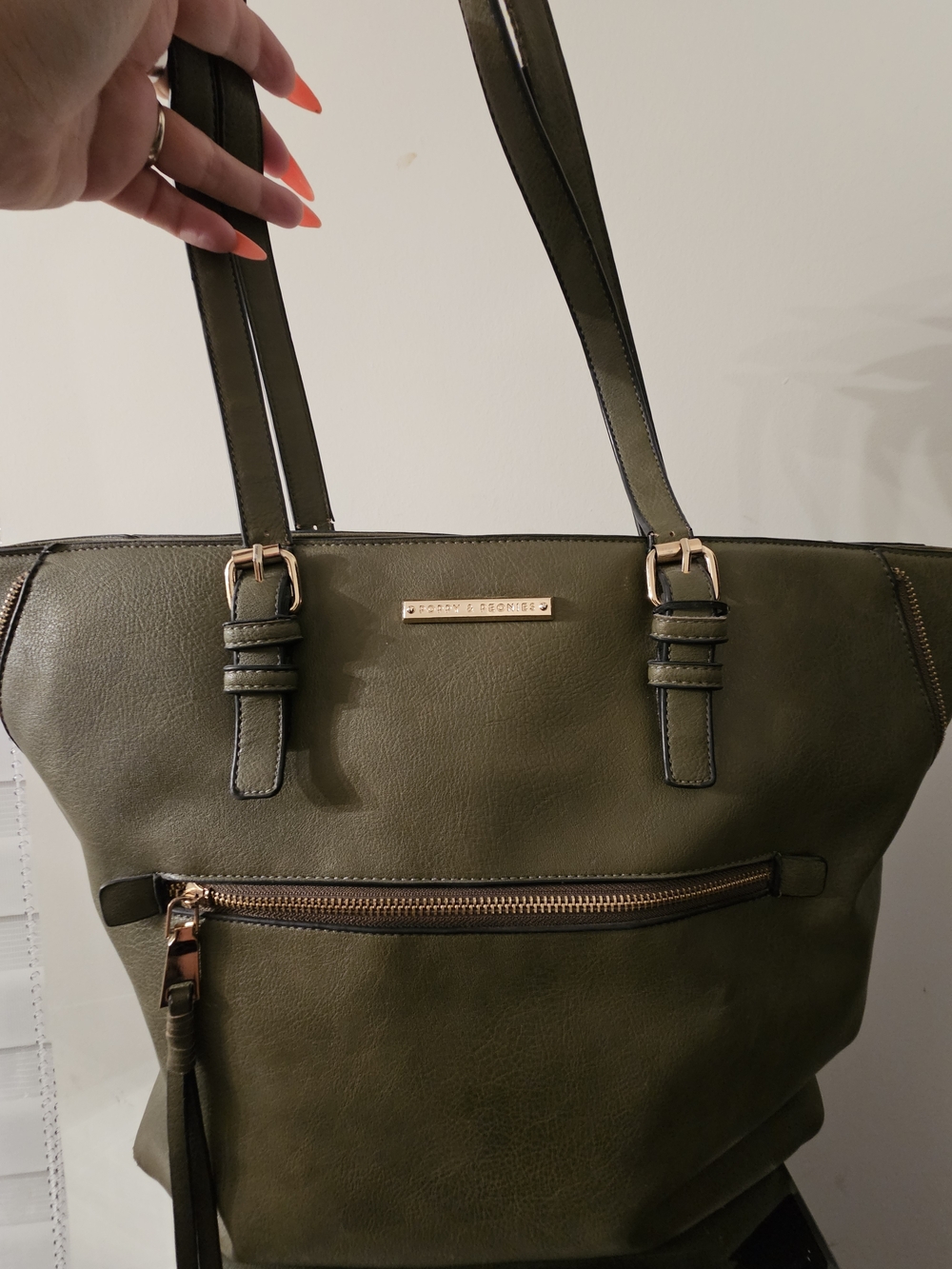 Poppy & Peonies Olive Green Tote with Front Zip and Gold Accents